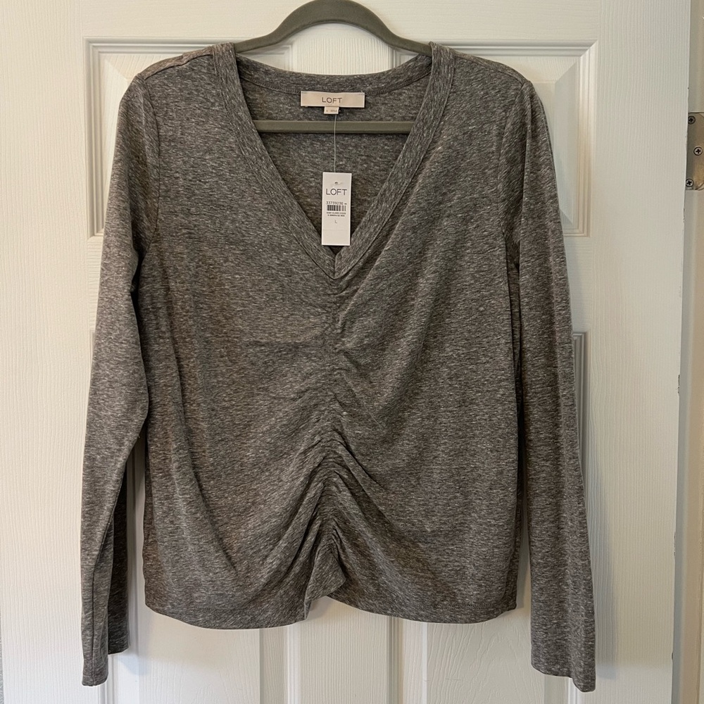 LOFT grey long sleeved rouched top